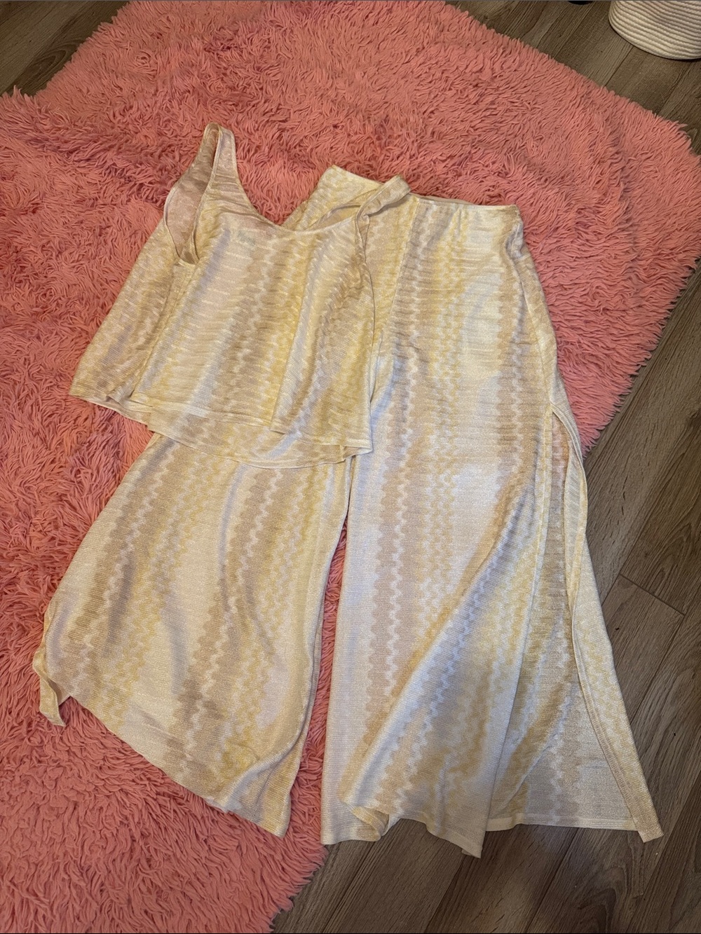 Show Me Your MuMu Cream and Yellow Wide Leg Jumpsuit Set